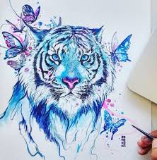 Grey ink roaring tiger tattoo on right shoulder. Posh Blue Watercolor Tiger And Flying Butterflies Tattoo Design Tattooimages Biz