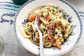 Spaghetti With Garlic Butter Bacon And Prawns Recipe Pasta Dishes Recipes Prawn Recipes