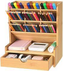 Amazon Com Marbrasse Bamboo Art Supply Desk Organizer Pen Holder With 10 Compartments Drawer Pen Organ In 2021 Stationary Storage Desk Organization Pencil Storage