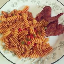 French Pasta Salad And Battered Chicken Wings Food French Pasta Supper Recipes