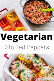 These Vegetarian Stuffed Peppers Are Filled To The Brim With Flavorful Rice Beans In 2020 Vegetarian Recipes Healthy Vegetarian Recipes Dinner Healthy Stuffed Peppers