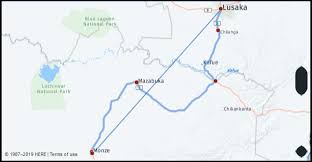 what is the distance from monze zambia to lusaka zambia