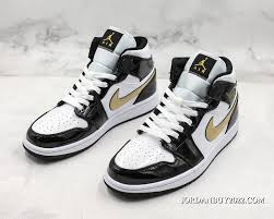 Air Jordan 1 Mid Patent Black White Gold Women Men Air Jordan 1 Mid Patent Leather Black Gold Super Deals Price 87 14 Buy Original Nike Jordan Products Online In 2020 Air Jordans Jordan 1 Mid Jordans