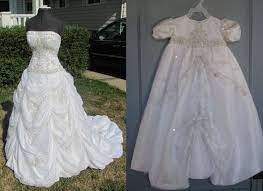 I Convert Your Wedding Dress Into A Christening Gown On This Dress The Beaded Bodice Overlay Was Wedding Dress Crafts Old Wedding Dresses Wedding Dress Quilt