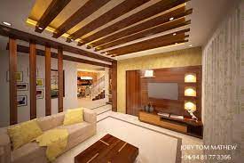 Express lieferung & kreditkartenzahlung möglich. Spacious Wooden Themed Living Room With False Wooden Ceiling And Beige Sofa By Joby Mathew