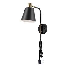Black And Brass Wall Sconce Plug In Novogratz X Globe Electric Cleo 1 Light Matte Black Plug In Or Hardwire Wall Sconce With Antique Brass Accents 51374 The Home Depot In 2020 Plug In Wall Sconce Wall Sconces Sconces