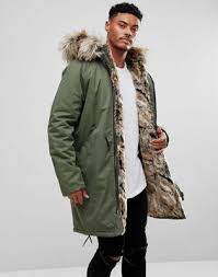 River Island Parka Jacket With Faux Fur Lining In Khaki Mens Spring Jackets Parka Jacket Women Leather Jacket Men
