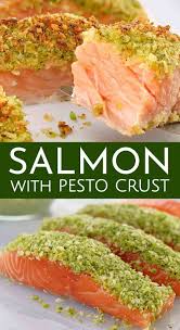 Baked Pesto Salmon Fresh Salmon Fillets Topped With A Crunchy Basil Pesto Crust Then Oven Baked These O In 2020 Pesto Salmon Pesto Salmon Recipe Pesto Salmon Baked
