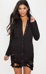Black Super Distressed Denim Shirt Dress Stylish Denim Dress Fashion Denim Shirt