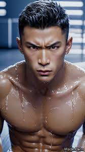 Porn image of japanese looking at viewer gay muscular nude wet black hair  created by AI