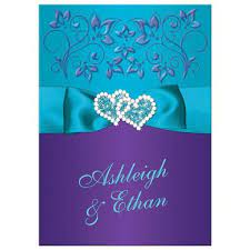 Wedding Invitation Purple Teal Blue Floral Printed Ribbon Bow Joined Jeweled Hearts Purple Wedding Invitations Purple Wedding Theme Purple Wedding
