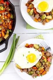 Brussels Sprouts Sweet Potato Sausage Hash The Real Food Dietitians Recipe Sprouting Sweet Potatoes Sausage Hash Brussel Sprouts