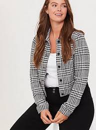 Black And White Plaid Cropped Blazer Black White Plaid Houndstooth Trucker Jacket Trendy Plus Size Coats Floral Bomber Jacket Capsule Outfits