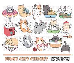 Funny Cats Clipart Cute Cat Clip Art Kawaii Kitten Kitty Icons Pet Illustrations Printable Stickers Planner Supplies Vector Commercial Use Kitten Drawing Cat Clipart Kawaii Cat Drawing