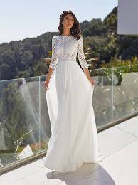 Maybe you would like to learn more about one of these? Boho Brautkleid Mit Ausgestelltem Chiffon Rock Top Mit Geometrischer Spitze Und 3 4 Armeln