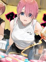 funi mu9, gotoh futari, gotoh hitori, gotoh hitori (tsuchinoko), gotoh  michiyo, gotoh naoki, bocchi the rock!, commentary request, highres, 1boy,  2girls, bare shoulders, blue eyes, blush, breasts, cooking, father and  daughter, hair