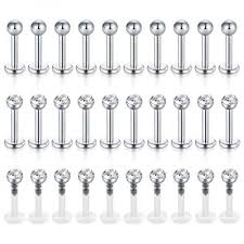 Incaton 30pcs Lip Rings Studs Stainless Steel Clear Cz