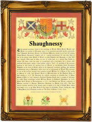 O'shaughnessy heraldic mount featuring the family crest and detailed family history and information. Surname Database Shaughnessy Last Name Origin
