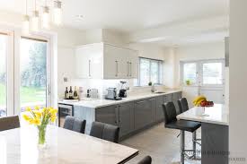 open plan grey & white gloss kitchen