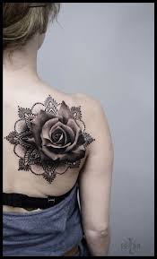 An Interesting Black And Grey Rose Back Shoulder Blade Tattoo Rose Tattoos Realistic Rose Tattoo Neck Tattoo