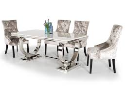 With its smooth and bright white finish, this dining table will make any dining room turn into a more modern and contemporary look. Arianna White Marble Large Dining Table 6 Knockerback Chairs