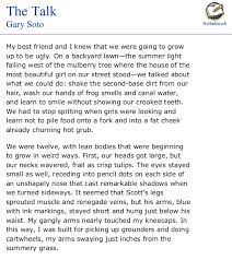 Enotes plot summaries cover all the significant action of black hair. Gary Soto The Talk