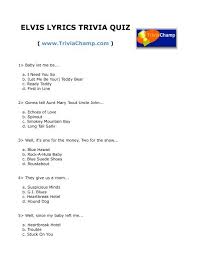 Jun 26, 2020 · name the song music lyrics quiz questions and answers it's a very special category of quiz round that has people belting out their favourite tunes. Elvis Lyrics Trivia Quiz Trivia Champ