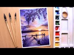 Speaking of staying at home, i filmed another art lesson of how to paint a watercolor landscape. 6 Watercolor Painting Of Sunset Evening Landscape Of River Side Easy Youtube Painting Watercolor Sunset Watercolor Paintings