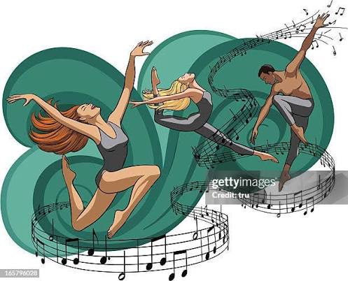 "Ilustração estilizada de três dançarinos em movimentos expressivos e fluidos sobre um fundo de espirais verdes. À esquerda, uma mulher de cabelos ruivos salta alegremente; ao centro, uma bailarina loira se alonga no ar; e à direita, um homem salta com os braços abertos. Uma pauta musical com notas flutuantes envolve os dançarinos, criando uma sensação de ritmo e movimento contínuo."