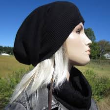 Cashmere Beanie Hat Women's Our Basic Slouch Tam Charcoal Gray With Black  Leather Tie Back Cotton Blend A792