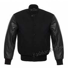 Classic Varsity Letterman Bomber Jacket Black Wool Body Black Leather Sleevesv Leather Sleeve Jacket Varsity Jacket Men Varsity Jacket