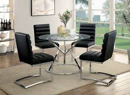 Cm3170rt Bk 5pc 5 Pc Livada I Modern Style Chrome 45 Round Glass Top Dining Table Black Faux Leather Chairs