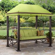 The curved frames add to both the aesthetics and the stability of this swing. Better Homes Amp Gardens Sullivan Pointe Gazebo Porch Swing Bed Seats 3 Green Walmart Com Walmart Com