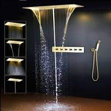 Millo Solid Brass Multi Color Led Rain And Waterfall Shower Head With Handheld Shower And Water Mixer In G Waterfall Shower Ceiling Shower Head Led Shower Head