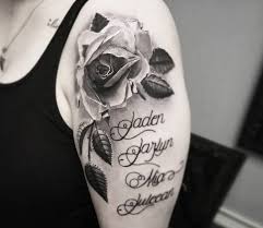 Men arm name and date rose tattoo @toni.doestattoos. 86 Rose Flower Tattoos