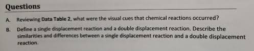 A double displacement reaction is a type of chemical reaction where two compounds react, and positive ions (cation) and the negative ions (anion) of the two reactants switch places, forming two new compounds or products. Questions A Reviewing Data Table 2 What Were The Chegg Com