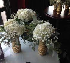 Flowers By The Bunch Gold Painted Visas White Hydrangeas Seeded Eucalyptus And Babies Breath Hydrangea Seeds White Hydrangea Seeded Eucalyptus
