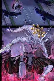 akutami gege, fushiguro megumi, gojou satoru, mahoraga (jujutsu kaisen),  ryoumen sukuna (jujutsu kaisen), jujutsu kaisen, colorized, highres,  spoilers, third-party edit, 1other, 2boys, arm tattoo, bird, black hair,  blood, blood on clothes, crow,