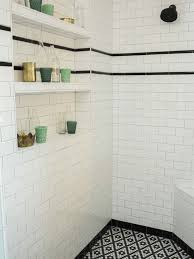 White Subway Tile With Black Stripe Shower Inspiration With Shelves Black Tile Bathrooms White Tile Shower White Subway Tile Shower