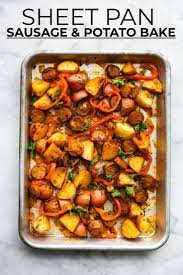 Sheet Pan Sausage Potato Tray Bake Recipe In 2021 Sausage And Potato Bake Recipes Entree Recipes