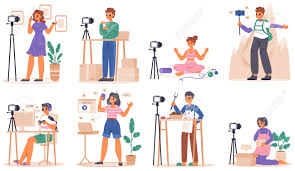 Les blogueurs examinent et diffusent en continu un blog de blogueur flux  vidéo passe-temps pour adolescents jeunes adultes créent une chaîne en  ligne confortablement créateur de contenu scènes vectorielles avec  illustration homme