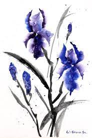 Iris Flowers Original Watercolor Painting Bouquet And Leaves Impressionistic Minimalism Style Watercolor Artwork Japanese Plant Violet Blue And Black Col Watercolor Flowers Tutorial Watercolor Paintings Watercolor