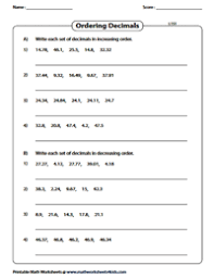 ordering decimals worksheets