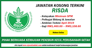 Jawatan kosong kementerian kesihatan malaysia (kkm) jawatan kosong suruhanjaya perkhidmatan awam (spa) permohonan adalah dipelawa daripada warganegara malaysia yang berkelayakan untuk mengisi kekosongan jawatan kosong terkini di suruhanjaya p. Jawatan Kosong 2019 Di Risda Kelayakan Minimum Spm Ejawatankini Com