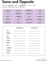 Synonyms And Antonyms Worksheet Education Com