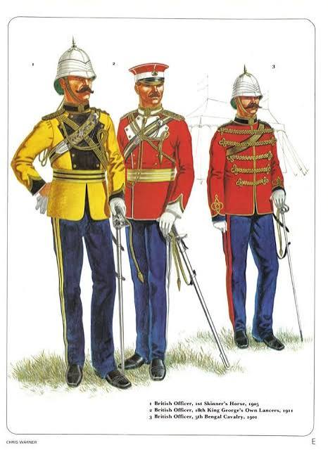 1:British officer,1st Skinner's Horse,1905.2:British officer,18th King George's Own Lancers,1911.3:British officer,5th Bengal Cavalry,1901.