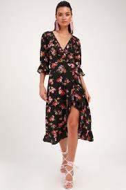 Ad Midnight Magic Black Floral Print Ruffled Midi Dress Lulus Cute Black Wrap Dress Ruffled Midi Dress Floral Print Dressthe Lulus Midnight Magic Blac