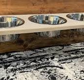 Chic, Floating, Wood, Height-Flexible Wall Mount Dog/Cat/Pet Food & Water  Bowl Holder/Feeder with 3 S.S. Dishwasher-Safe Bowls (~ 2 Quart / 64 oz /  ...