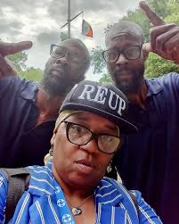ProfessorEvaMarieKing with The Twin Towers (#TheFamousTwins- Michael and  Kwame Grayson) circa June 2024 at Crotona Park in The Bronx, New York City  USA during The Black Spades 56th Anniversary Cookout.