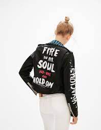 Cazadora Biker Efecto Piel Graffitti Y Tachas Abrigos Y Chaquetas Bershka Espana Islas Canaria Leather Jackets Women Diy Jacket Faux Leather Biker Jacket